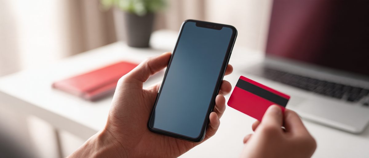 Manos con un celular y una tarjeta de débito