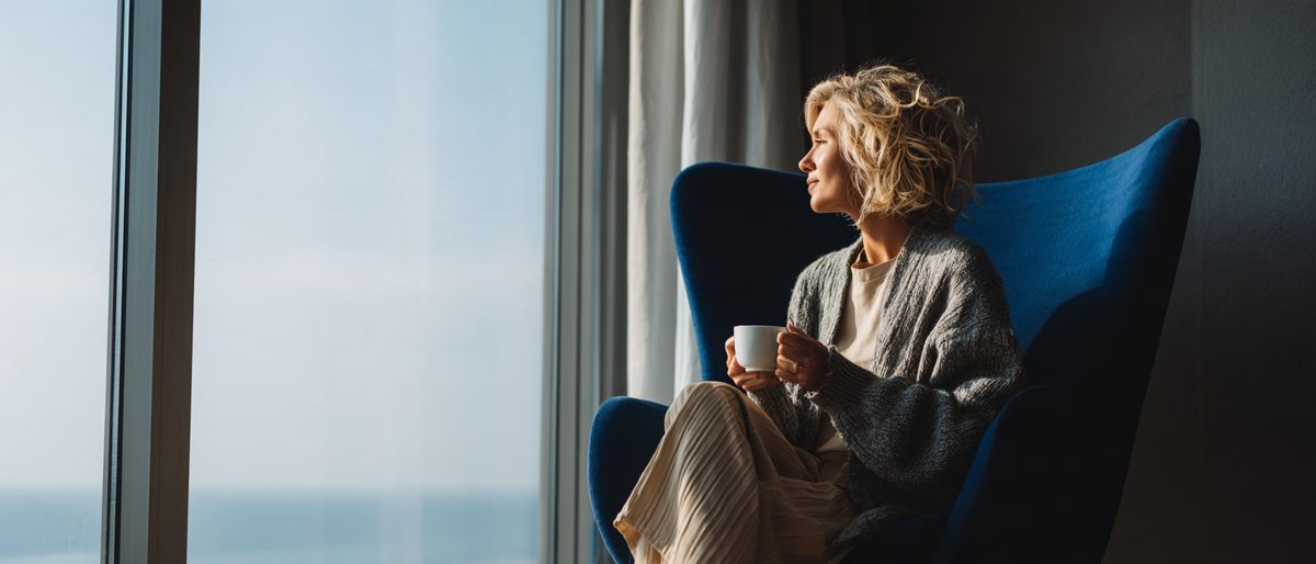 Mujer tomando un descanso junto a la ventana